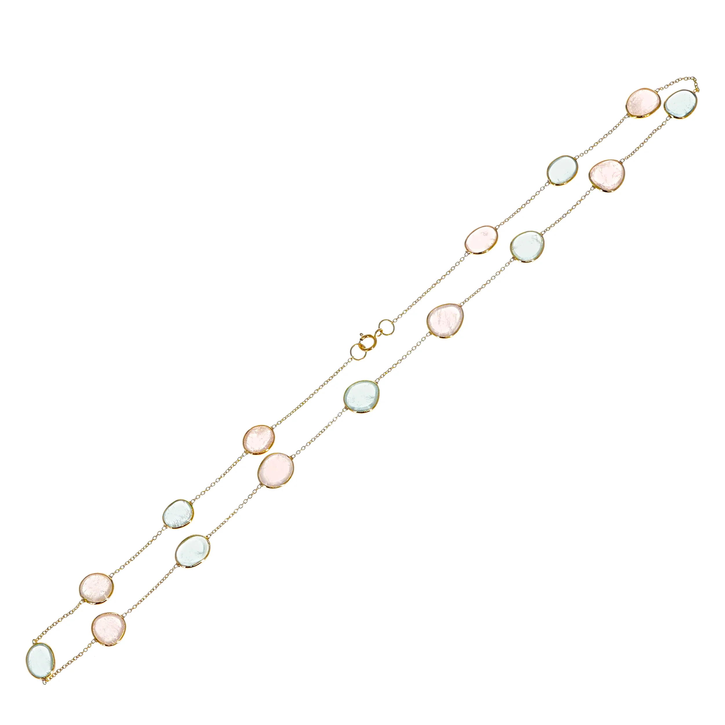 Mixed Cut shape Blue Topaz and Rose Quartz Necklace, 18 Karat Gold