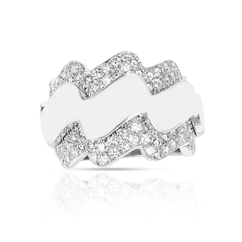French Van Cleef & Arpels Wave-Style Ring with Diamonds, 18K Gold