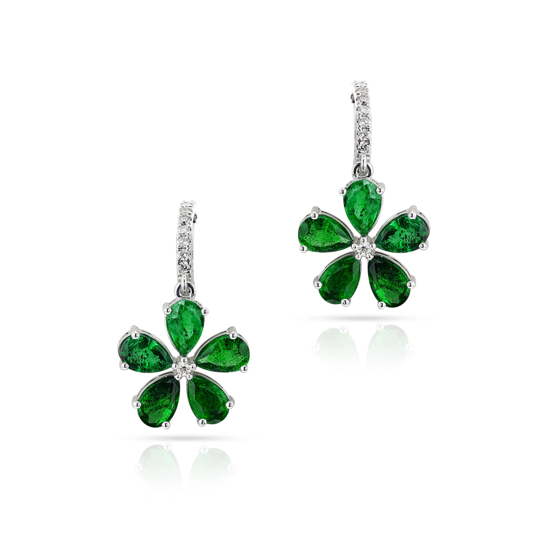 Floral Pear Emerald and Diamond Dangling Hoop Earrings, 14k White Gold