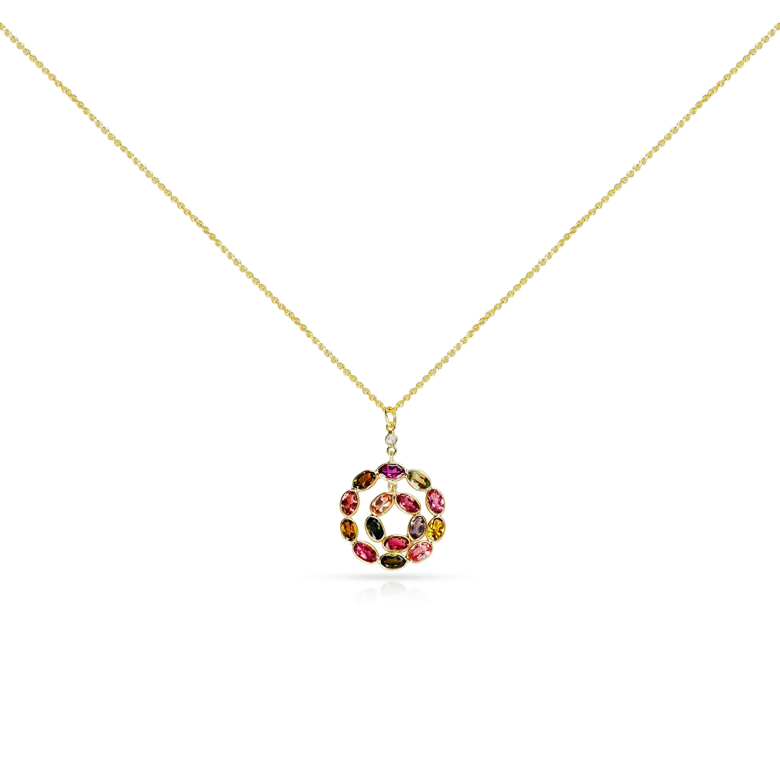 Double Circle Multi-Tourmaline and Diamond Pendant, 18K