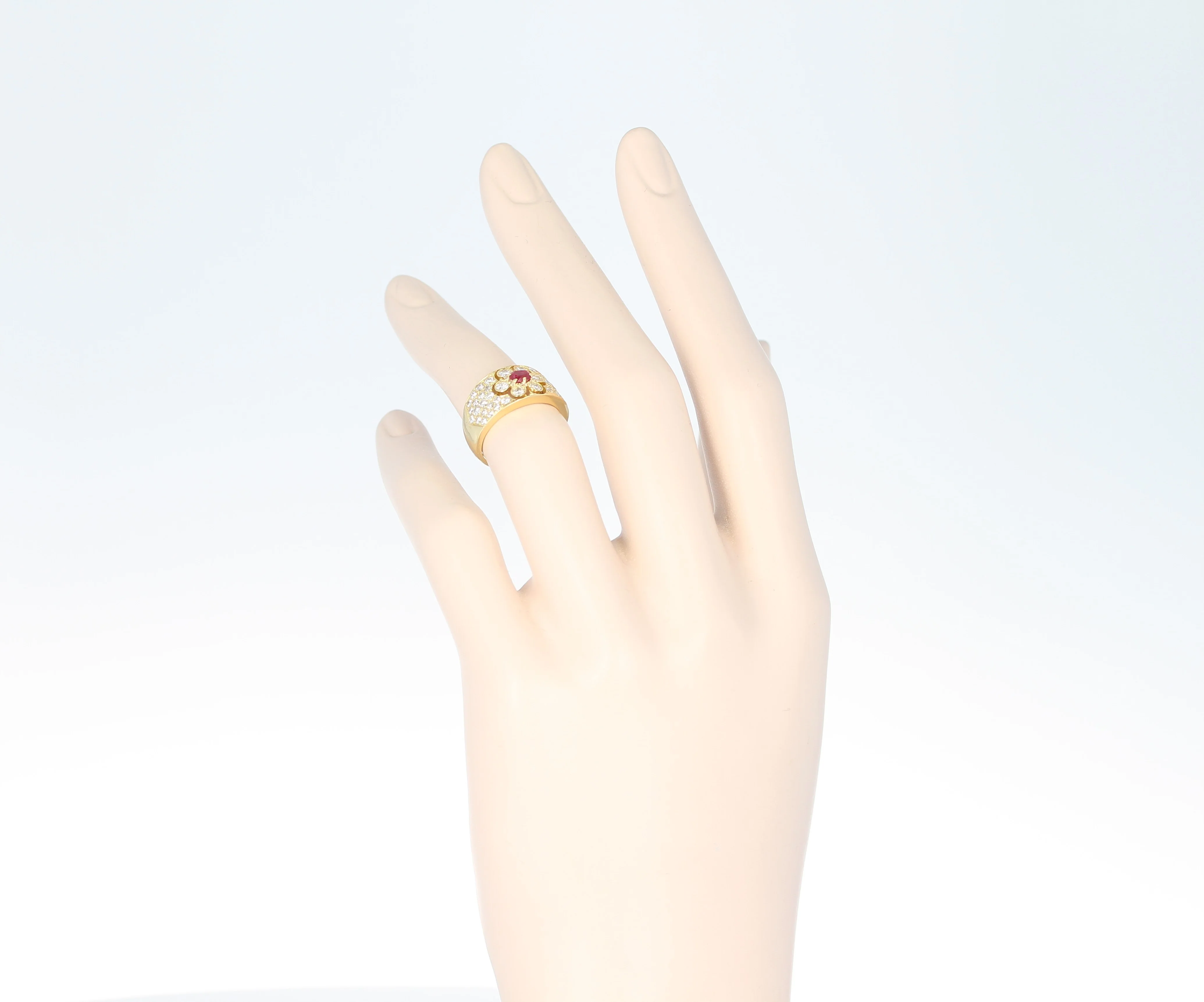 Van Cleef & Arpels Floral Ruby and Diamond Ring, 18K Yellow Gold, with Original VCA Box