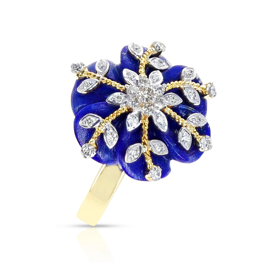 Carved Lapis and Diamond Ring, 14K