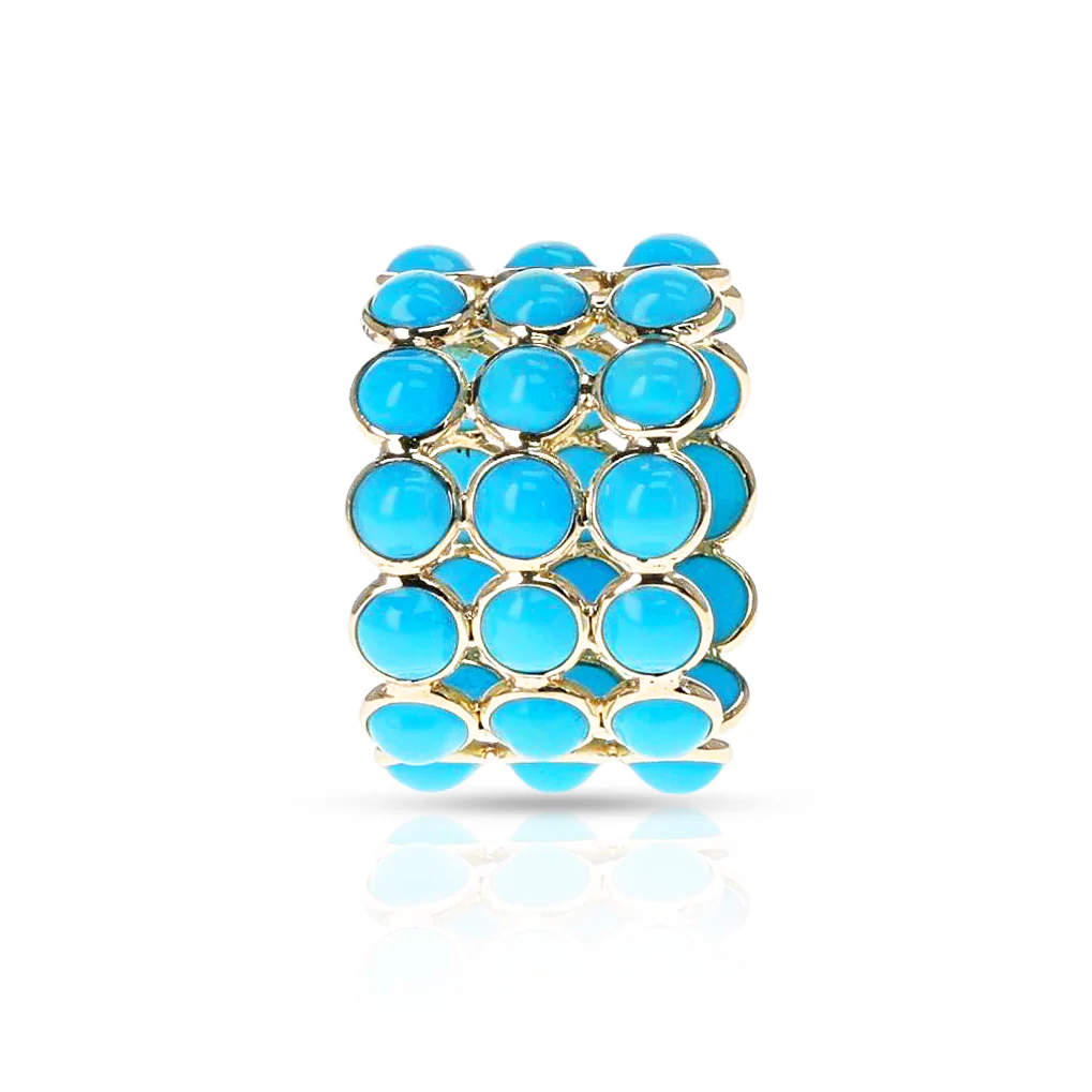 Turquoise Round Cabochon Triple Line Band, Yellow Gold