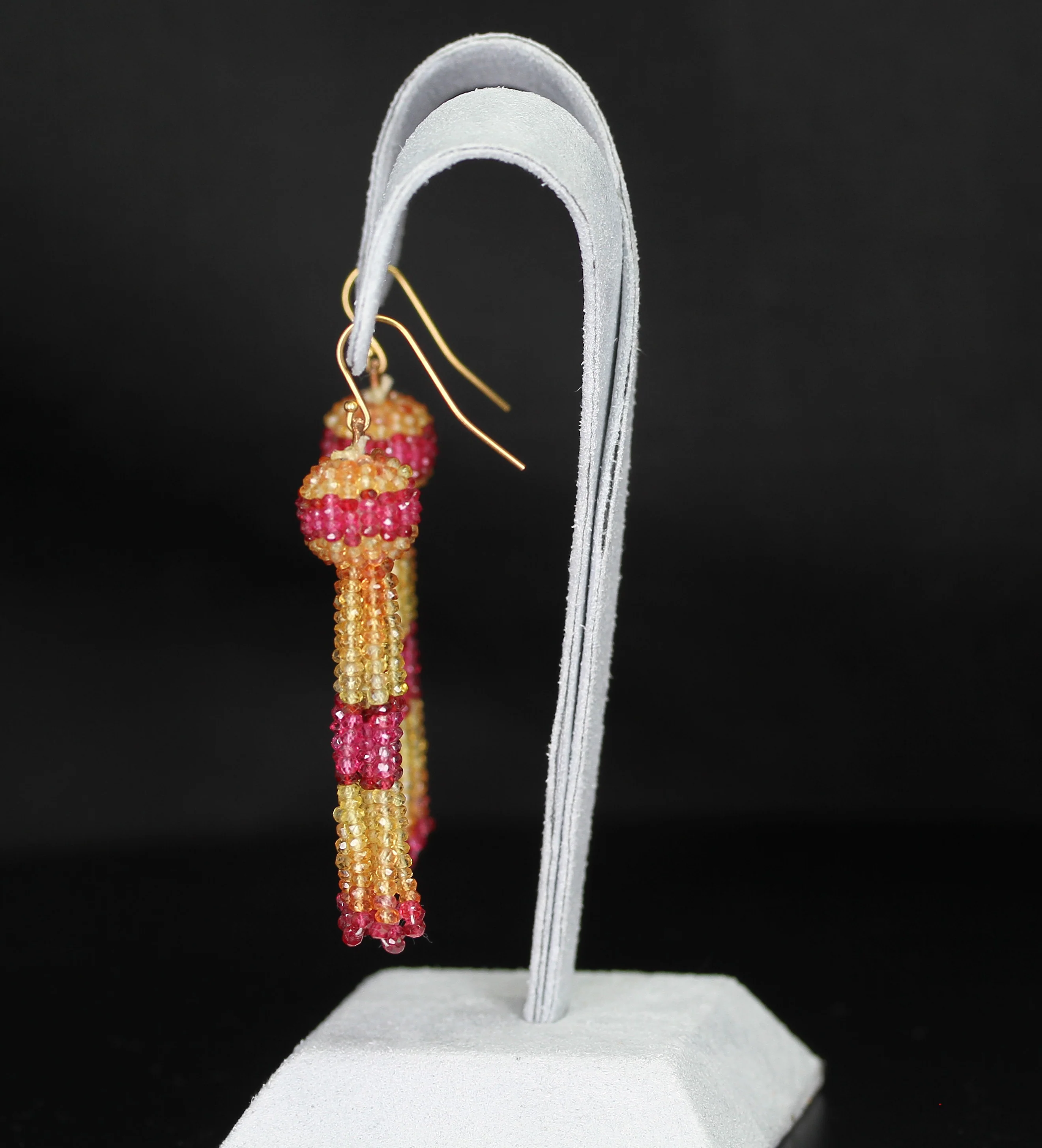 Yellow and Orange Sapphire with Spinel Faceted Beads Tassel Earring, Yellow Gold