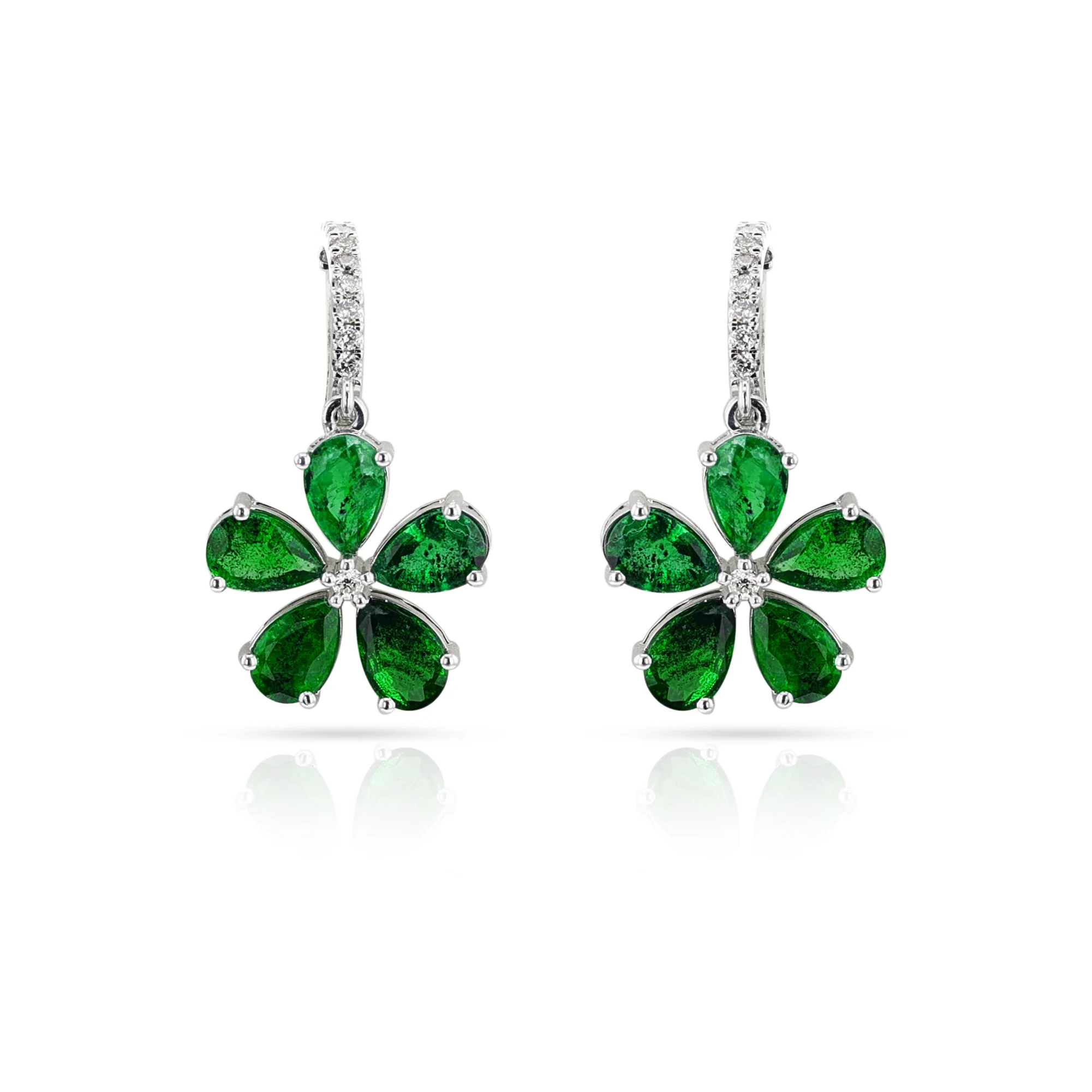 Floral Pear Emerald and Diamond Dangling Hoop Earrings, 14k White Gold