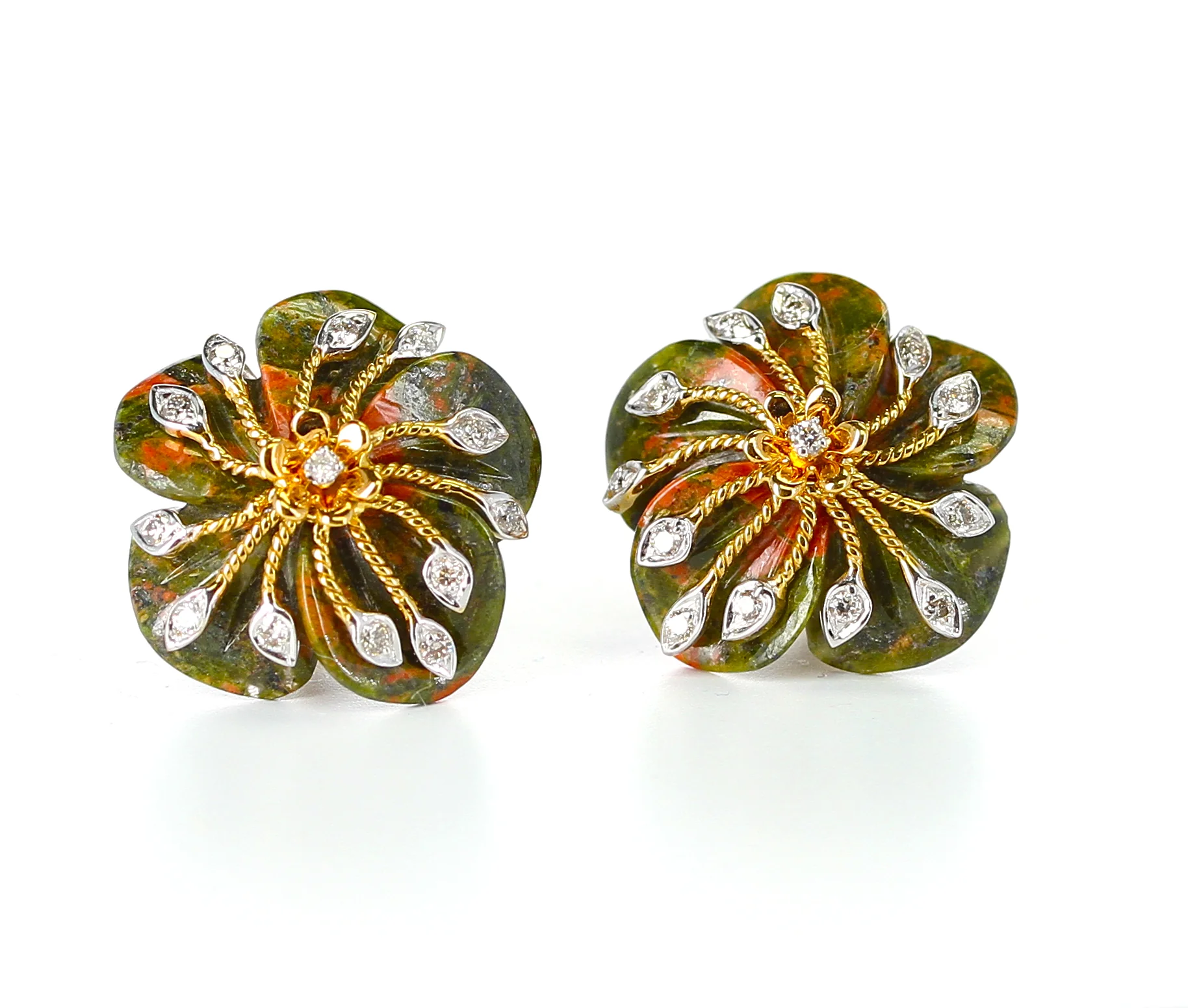 Carved Unakite Green and Orange Tone Earrings with Diamonds, 14K Gold