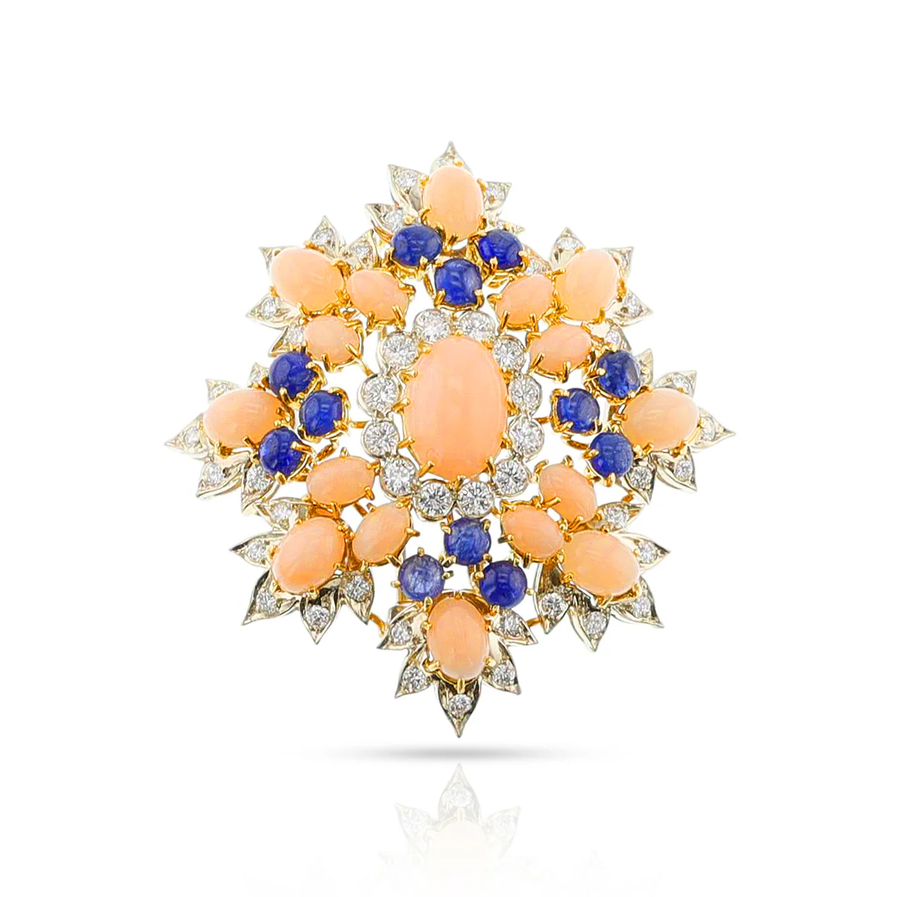 David Webb Coral, Sapphire and Diamond Brooch, Gold & Platinum