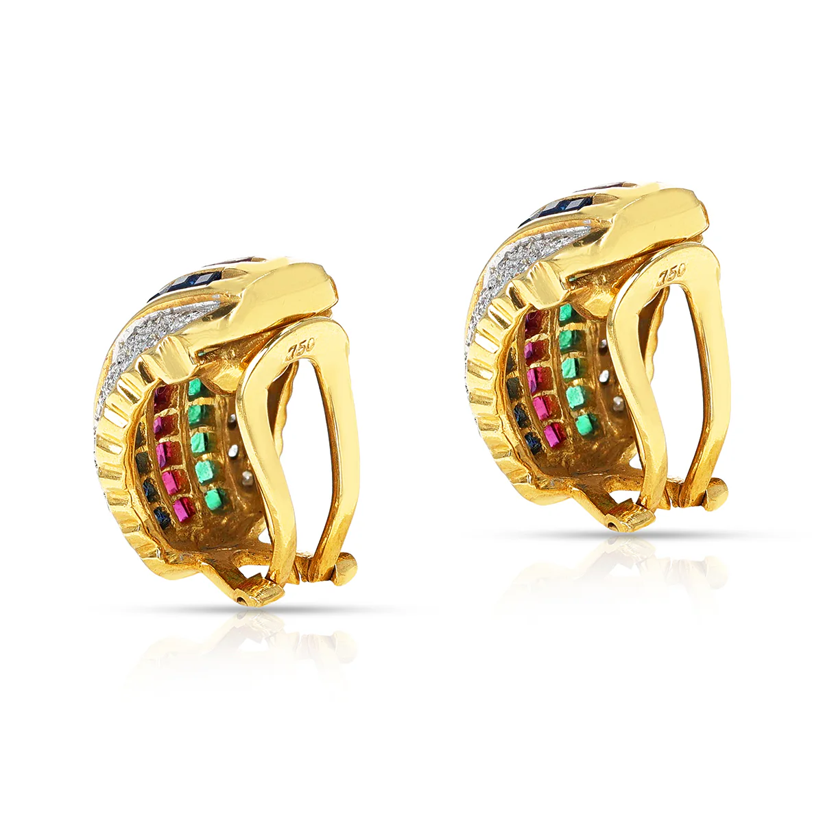 Ruby, Emerald, Sapphire, and Diamond Earrings, 18k