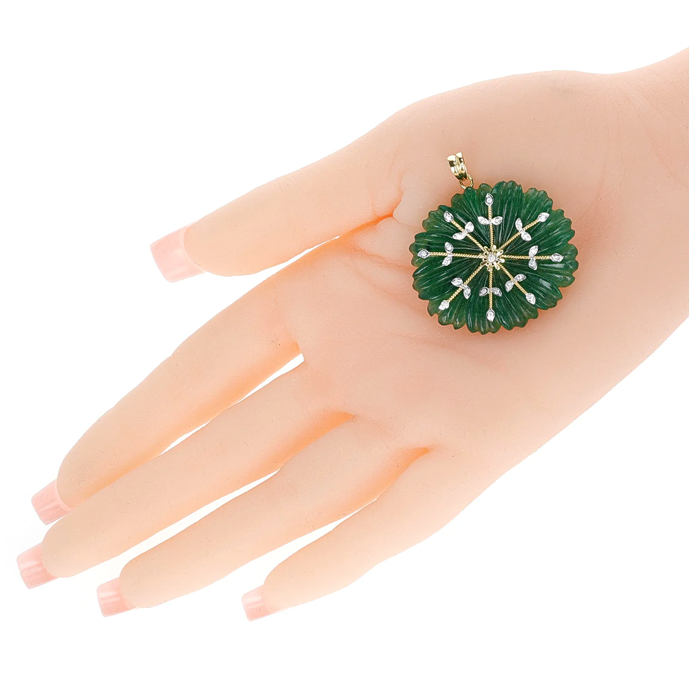 Carved Floral Jade Pendant with Diamonds, 14K