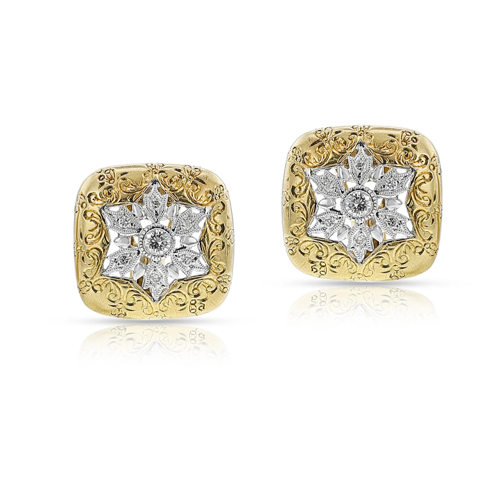 Square Two-Tone Gold and Diamond Earrings, 18k
