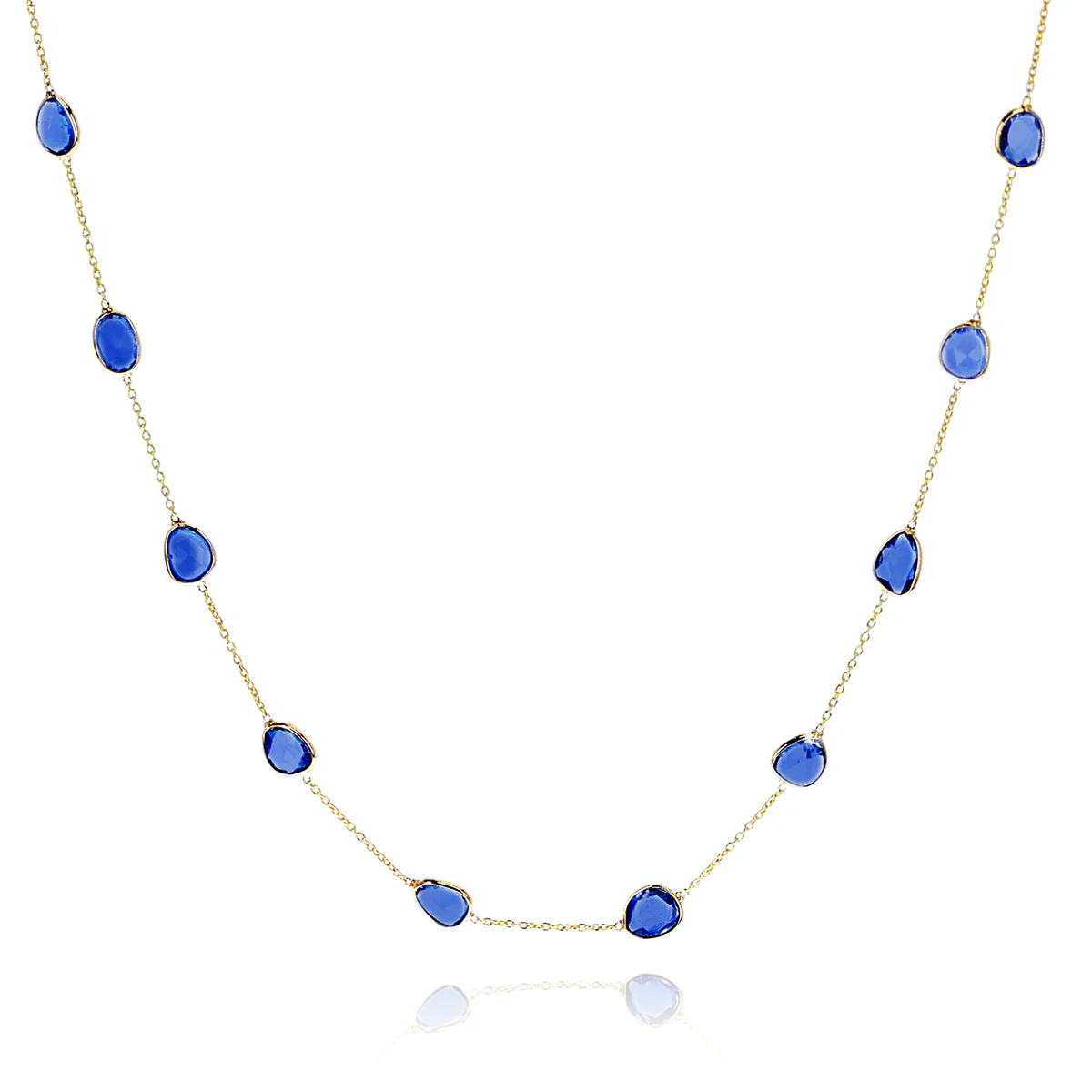 Mixed Cut Blue Sapphire Necklace, 18 Karat Gold