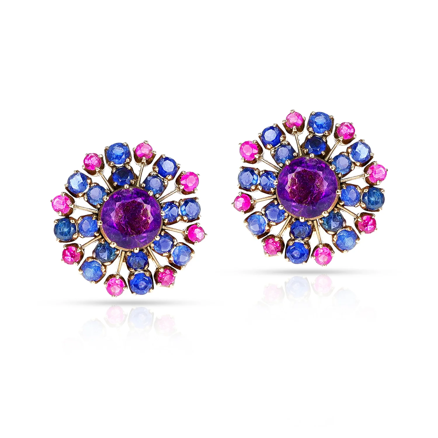 Amethyst, Sapphire, and Ruby Earrings. 14k Gold
