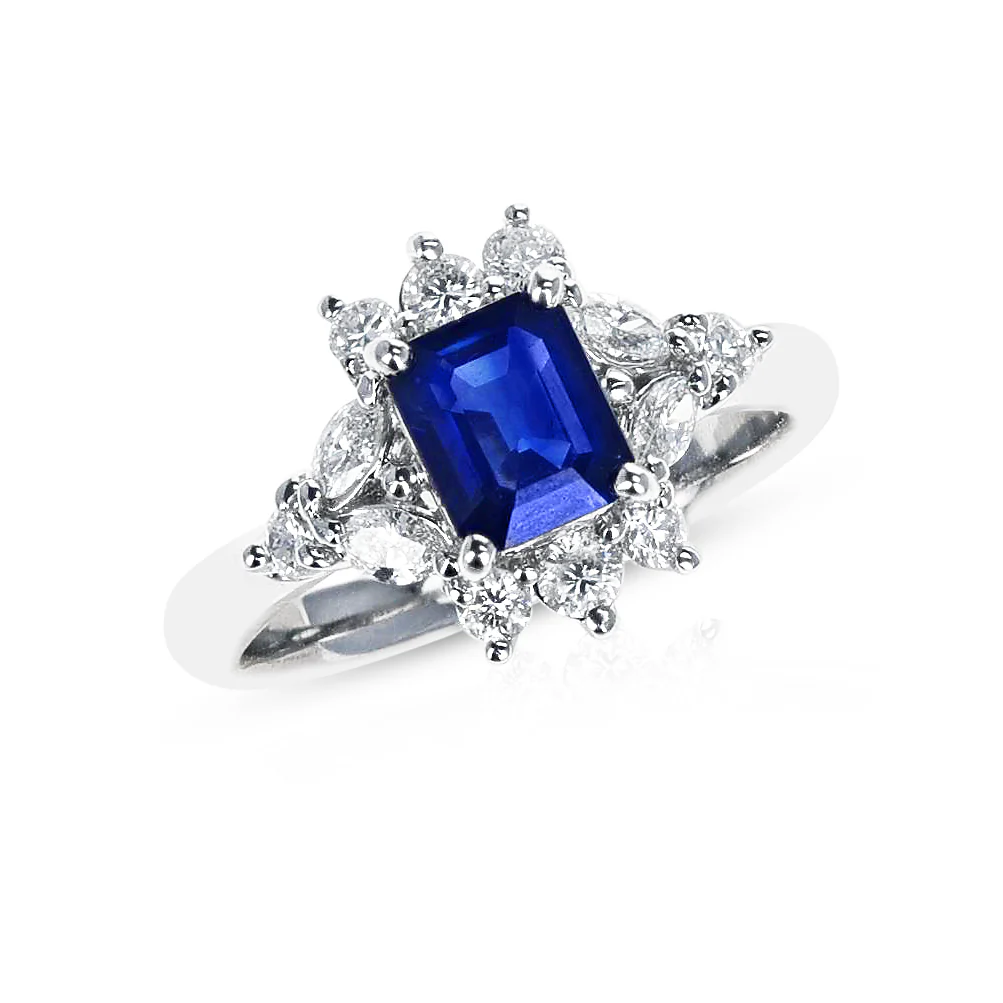 Rectangular-Cut Blue Sapphire and Diamond Engagement Ring, Platinum