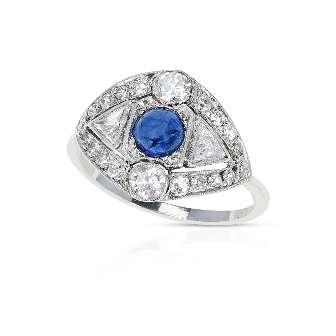 Art Deco-Style Diamond and Sapphire Cabochon Platinum Ring