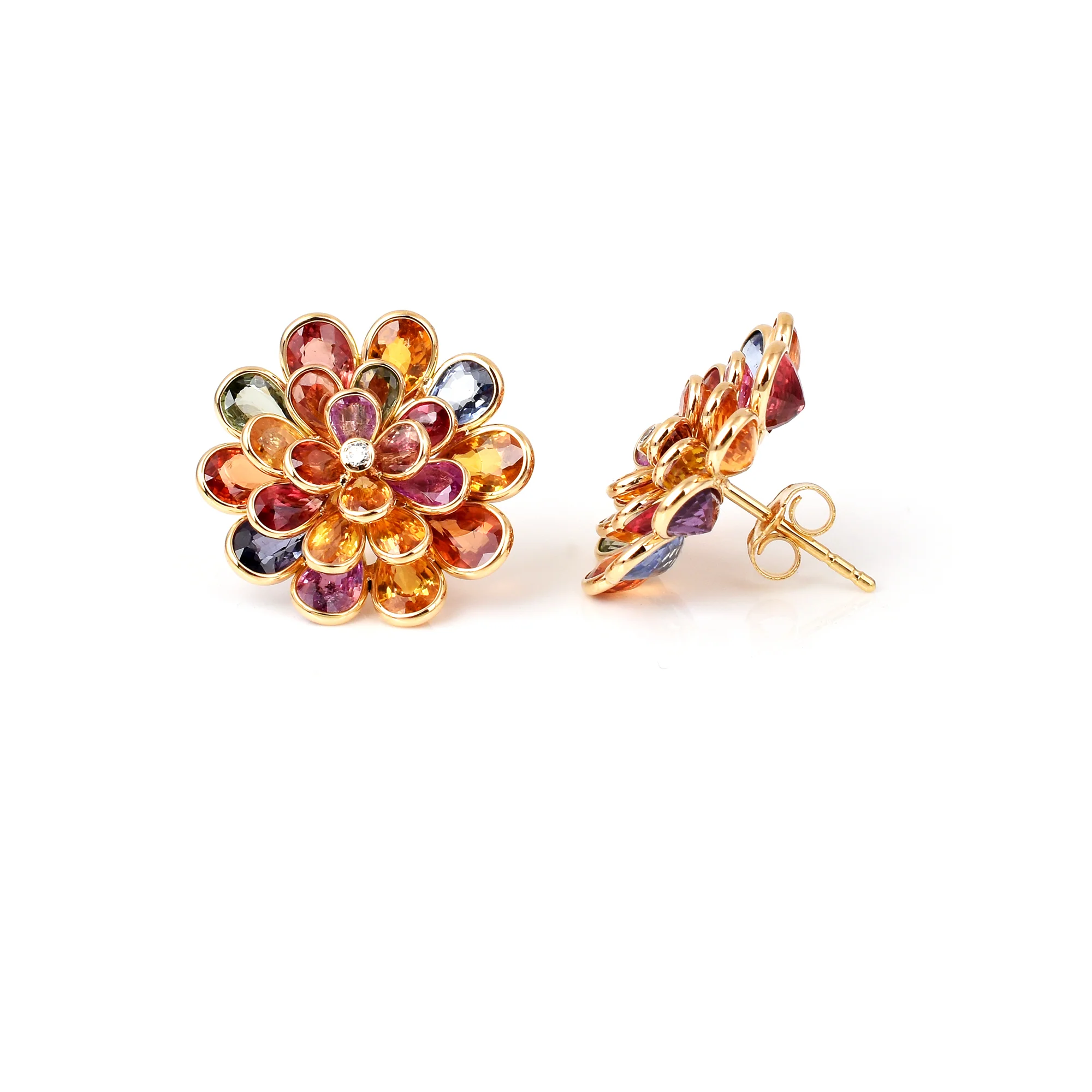 Multi Sapphire Pear Shape Bezel Set Floral Earrings,18k Yellow Gold
