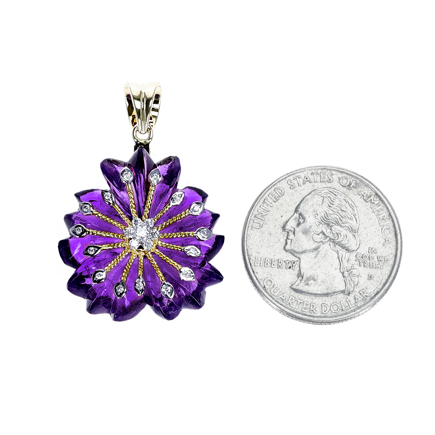Amethyst Carved Floral Pendant with 14k Gold and Diamonds