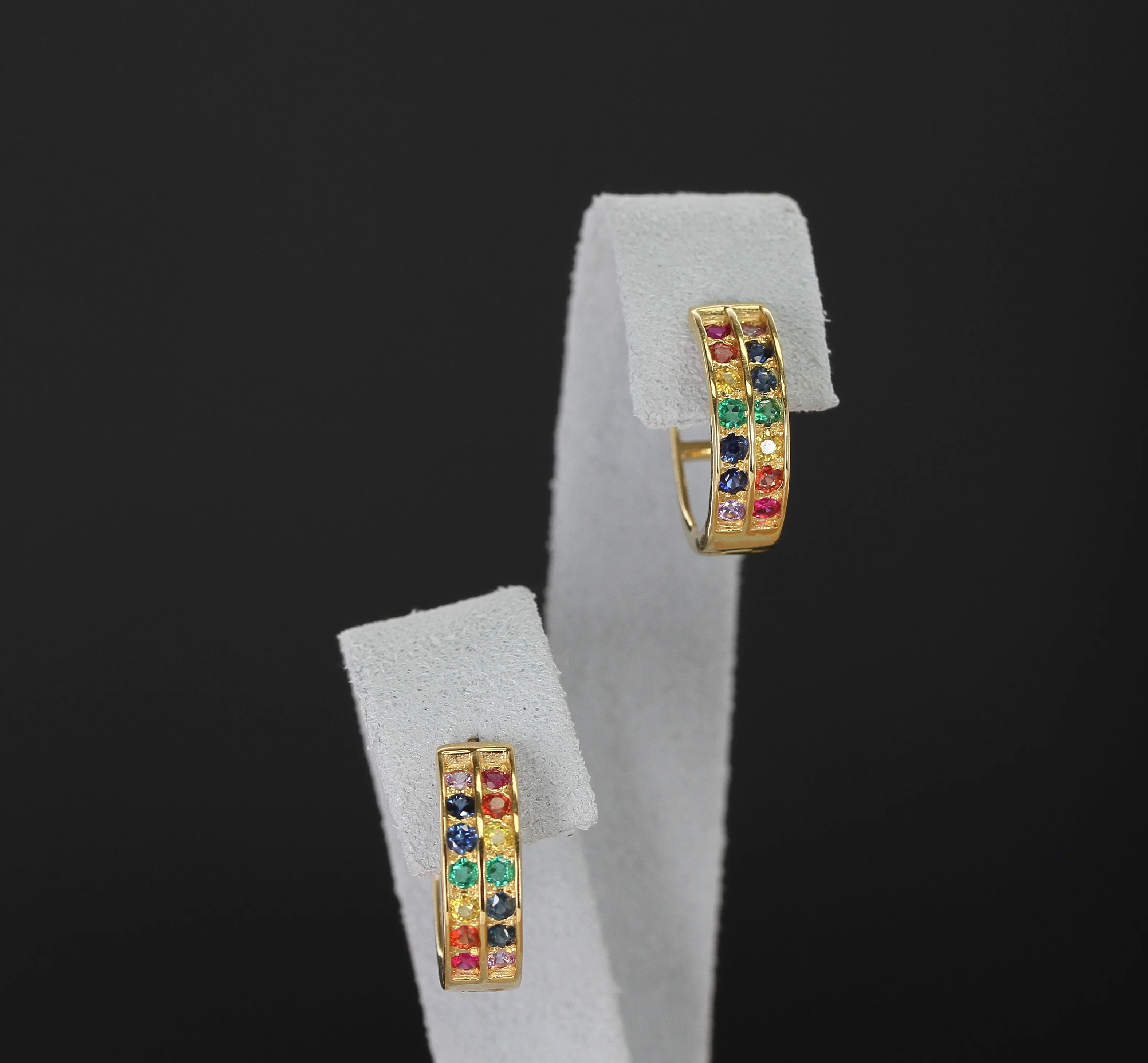 Rainbow Hoops with Emerald, Ruby, Multi-Sapphire, 14K Gold