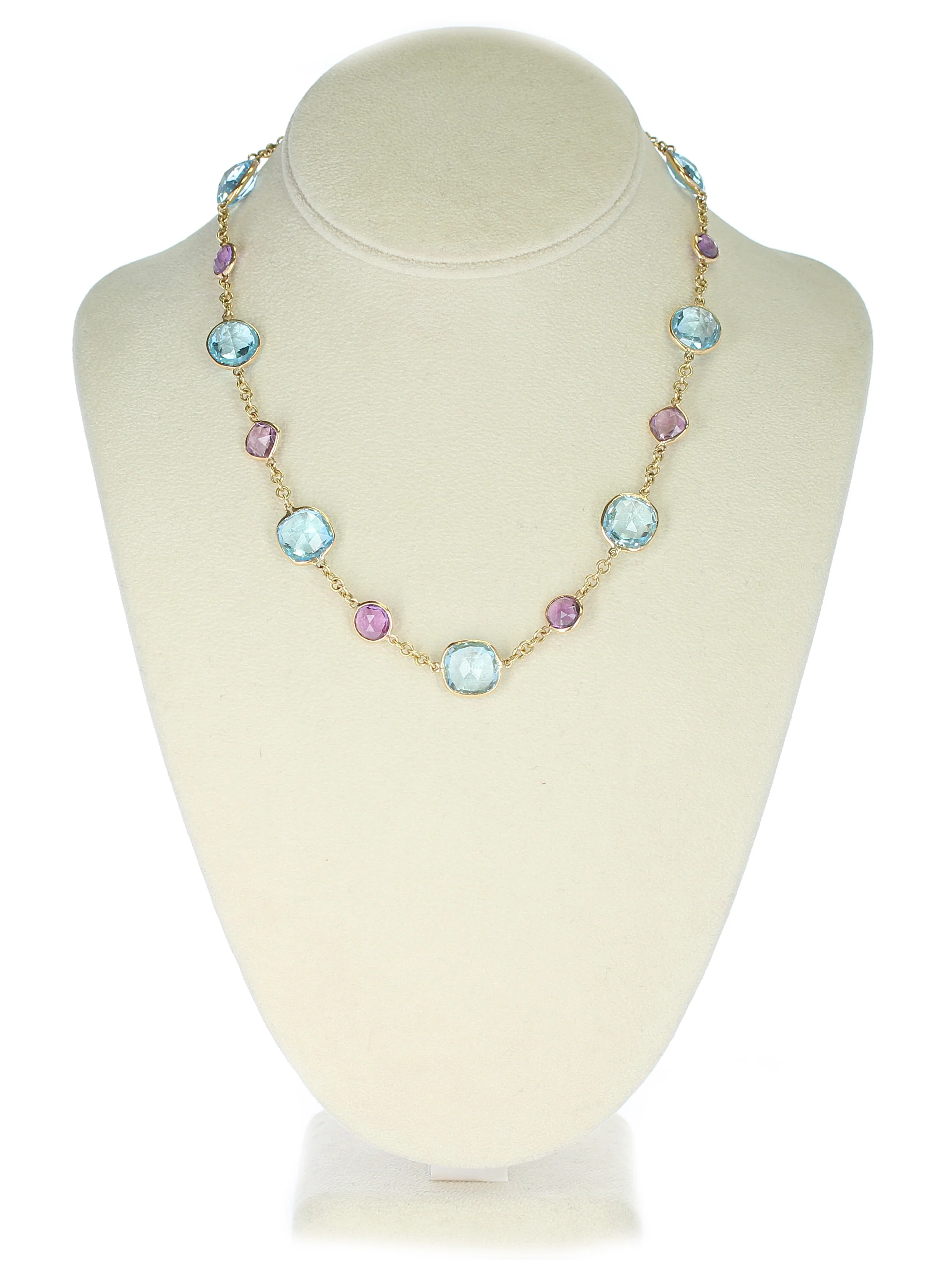 Amethyst and Blue Topaz Faceted Double Cabochon Rose Cut 18K Fine Necklace