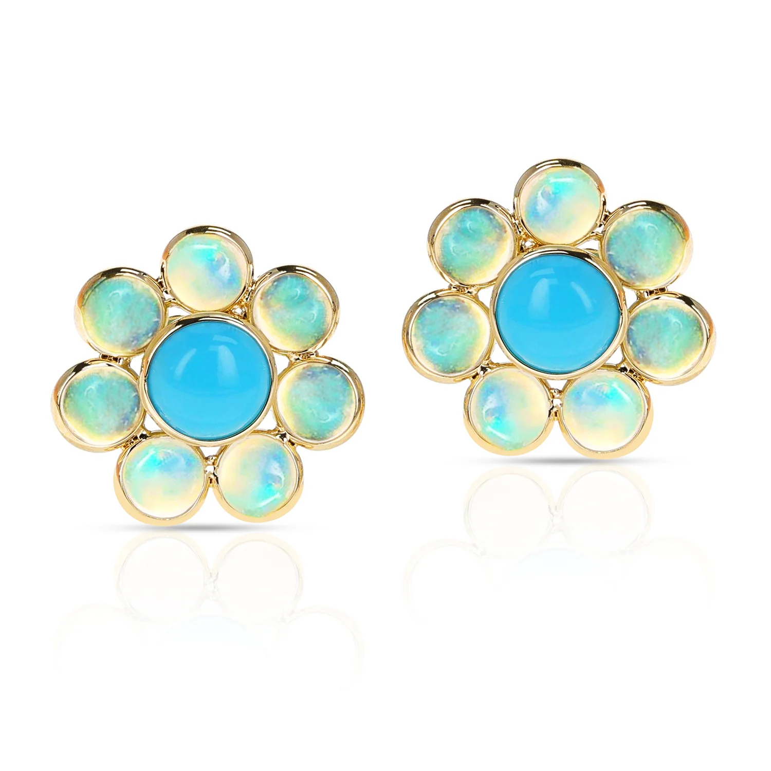 Opal and Turquoise Floral Earrings, 18k Yellow Gold