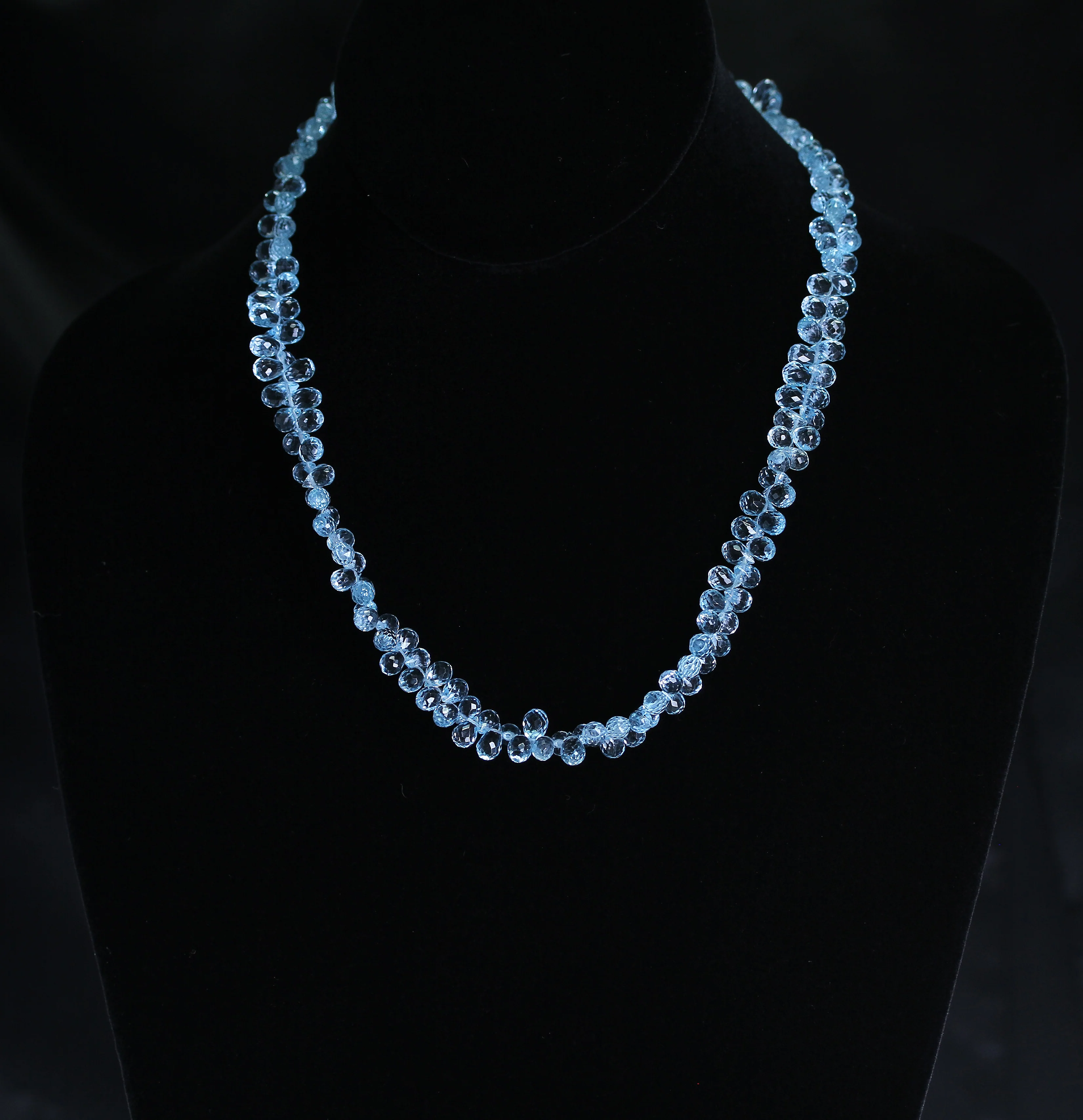 Genuine Faceted Blue Topaz Briolette Drop Beads Necklace, 14 Karat White