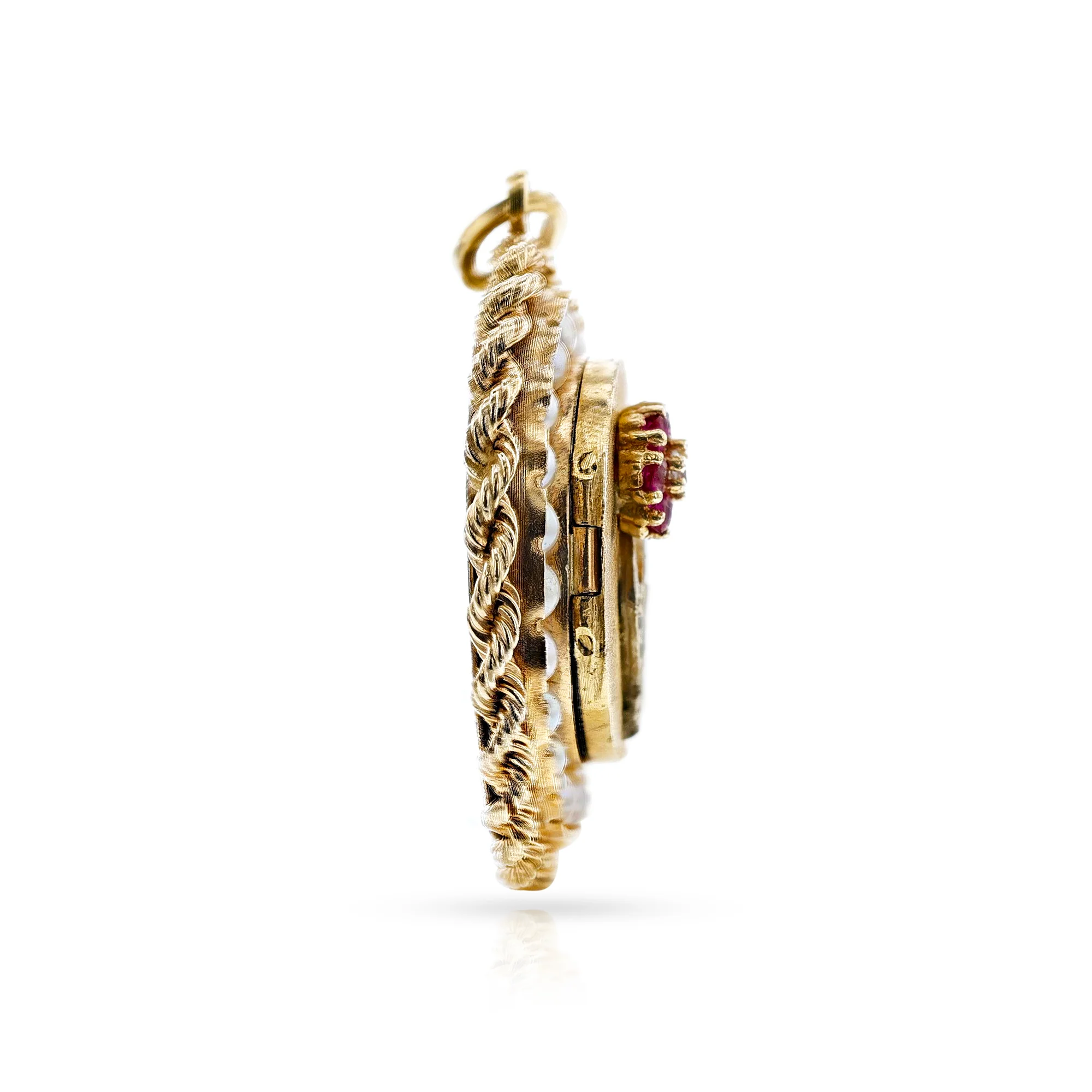 Ruby, Cultured Pearl, Diamond Pendant and Locket, 14k Yellow