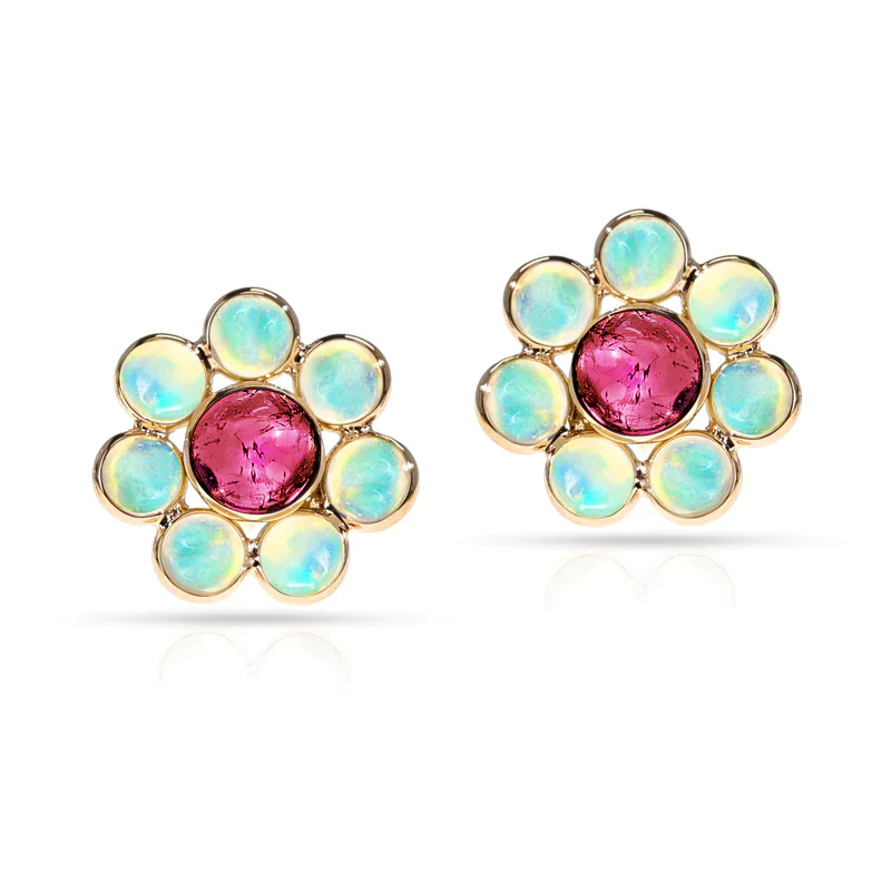 Opal and Turquoise Floral Earrings, 18k Yellow Gold