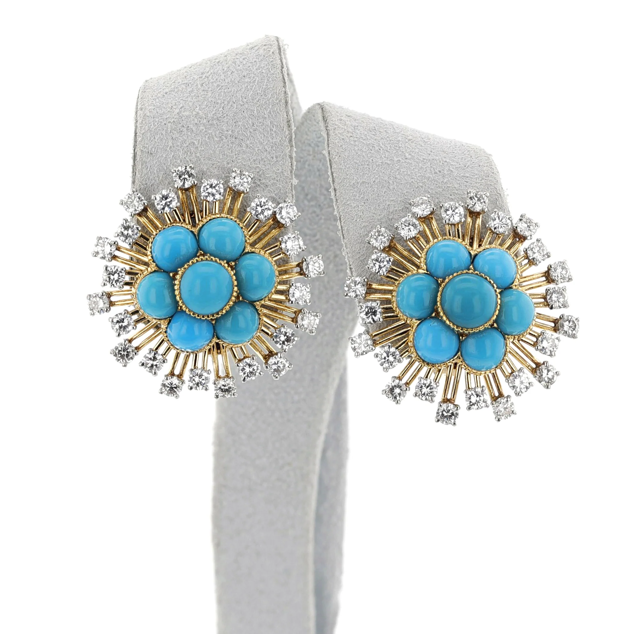 Cartier Paris Turquoise Cabochon Floral Earrings, 18k and Platinum