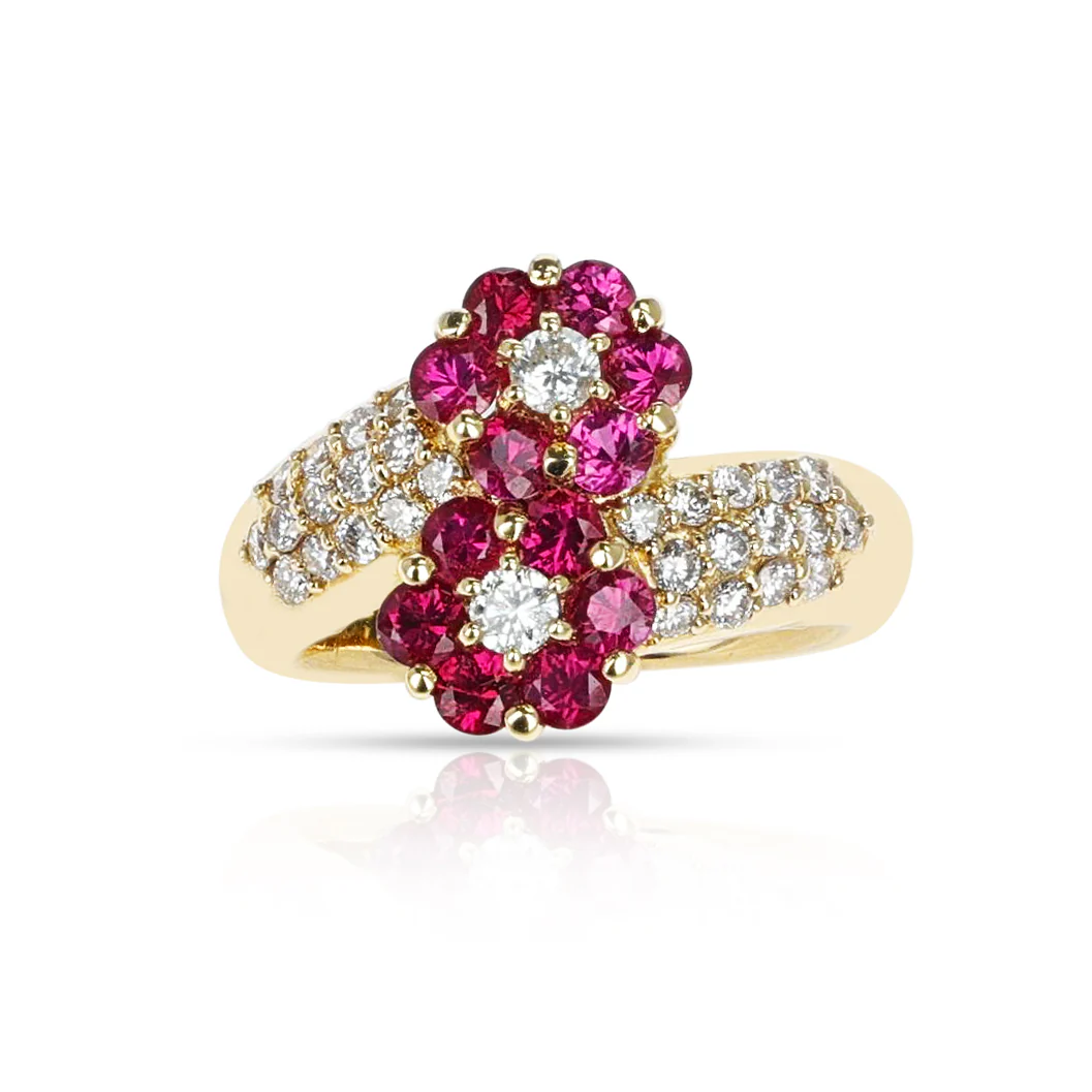 Double Flower 1.14 ct. Ruby Ring with 0.55 ct. Diamonds, 18K
