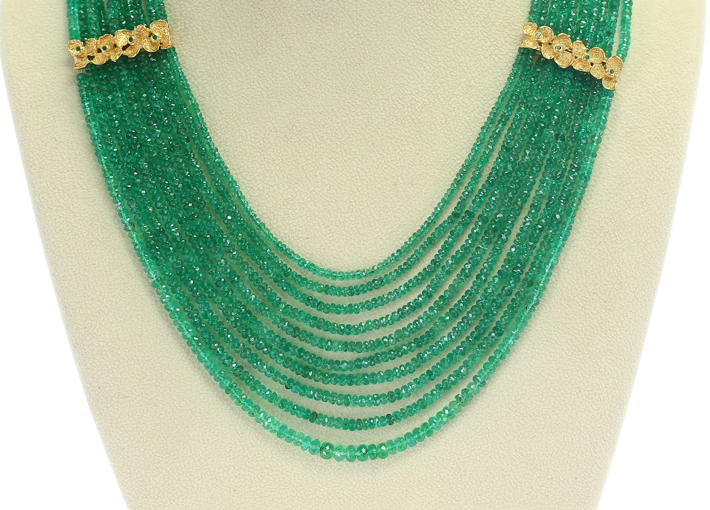 Fine Emerald Faceted Beads Necklace with Floral Emerald Designs, 18K Gold
