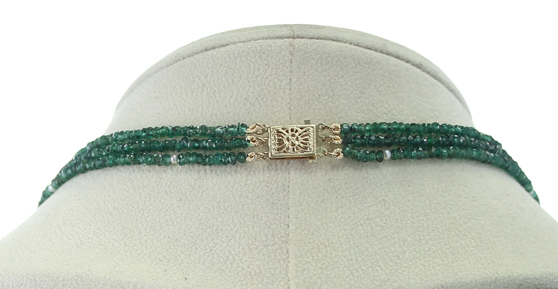 Genuine & Natural Emerald Faceted Beads Necklace with Pearls, 14 Karat