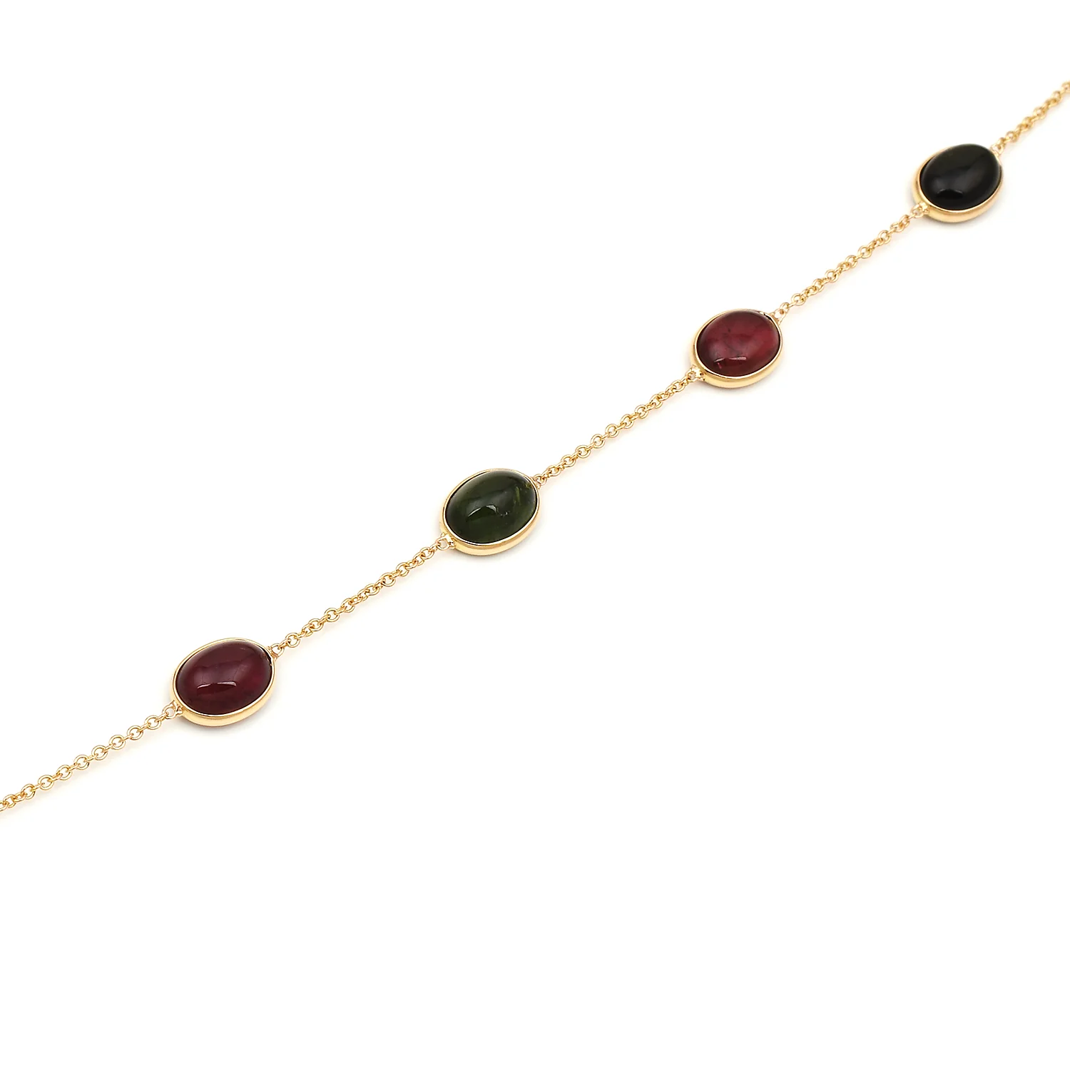 Dark Green and Red Tourmaline Cabochon Necklace, 18K Gold