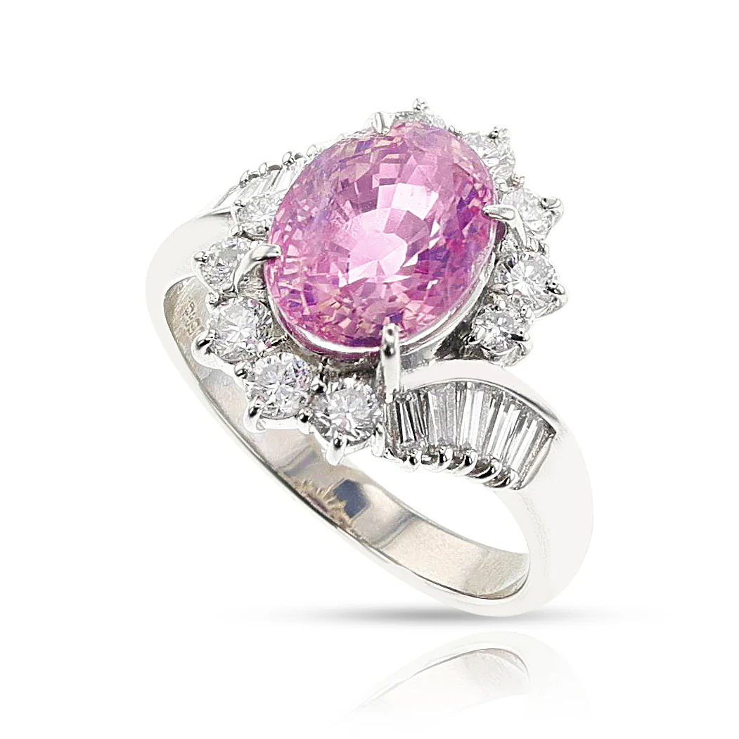 GIA Certified Unheated Ceylon Pink Sapphire and Diamond Ring, Platinum