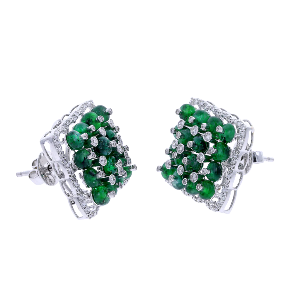 Square Emerald Earrings with Diamonds, 18K White Gold