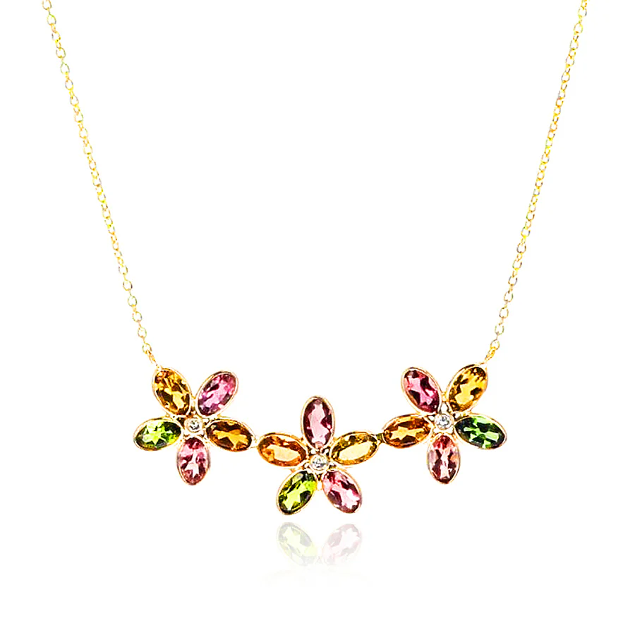 Gemstone Floral Necklace with Diamond, 18k