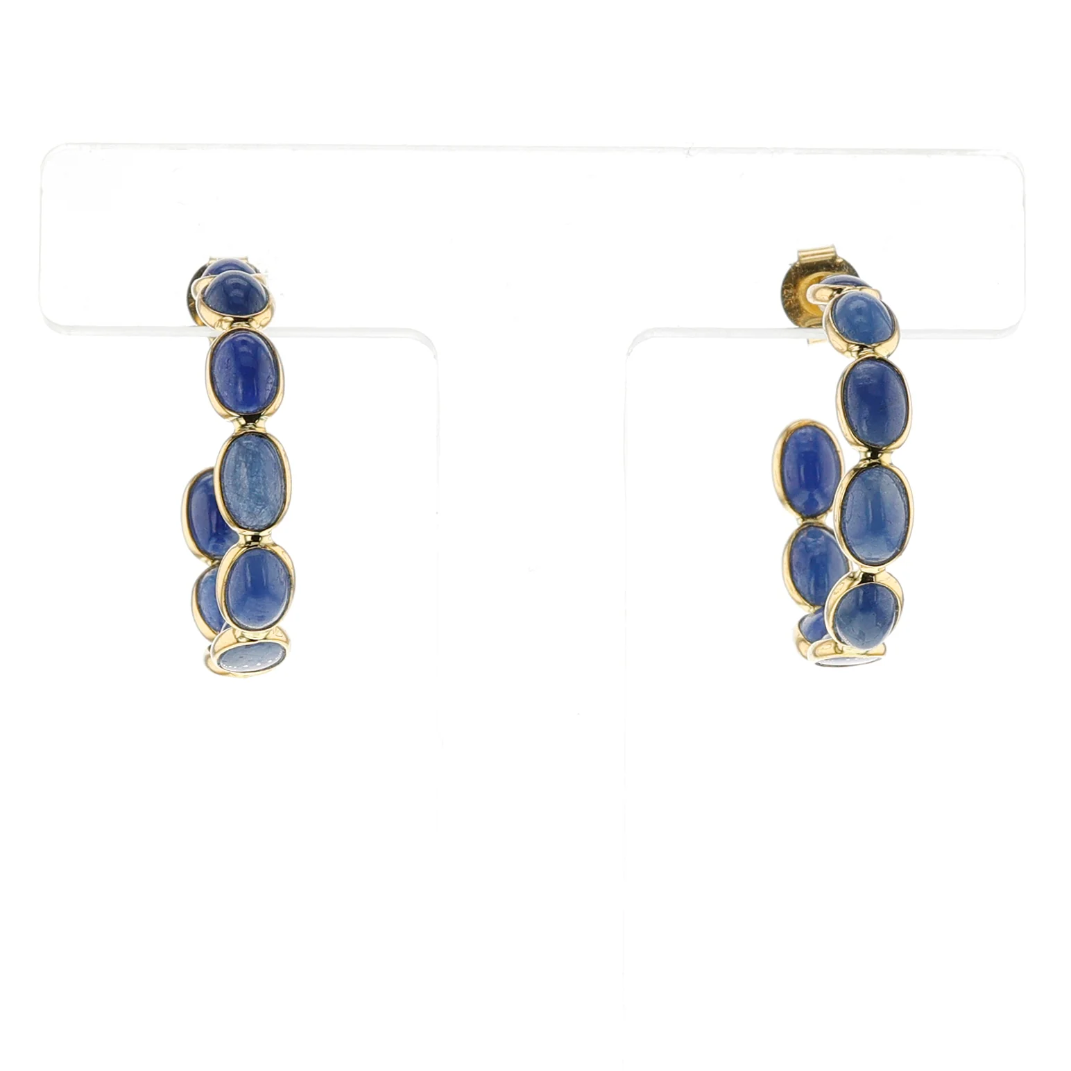 Oval Cabochon Blue Sapphire Hoop Earrings, 18K