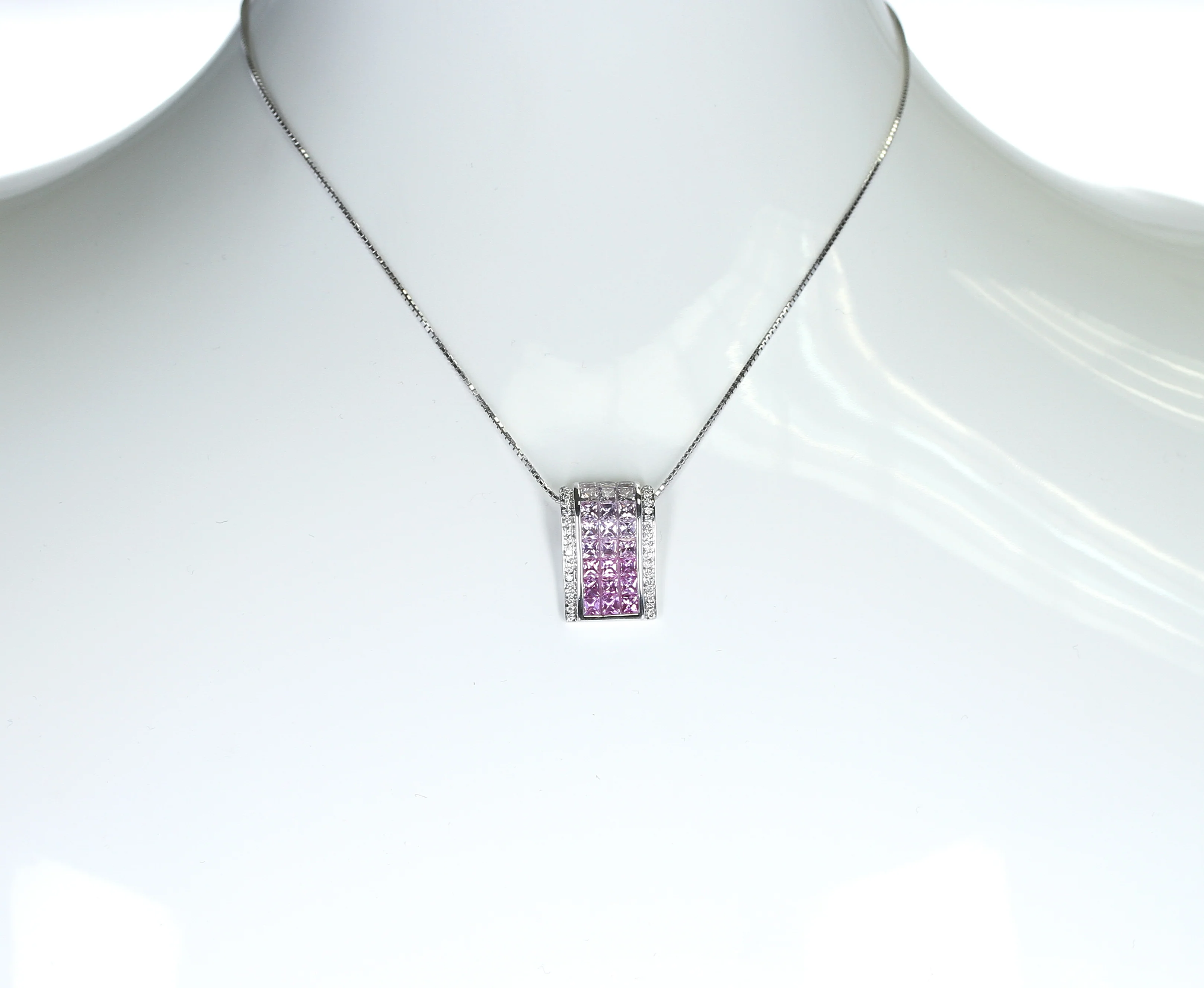 Mystery Set Slope Pink Sapphire and Diamond Pendant, 18K White Gold