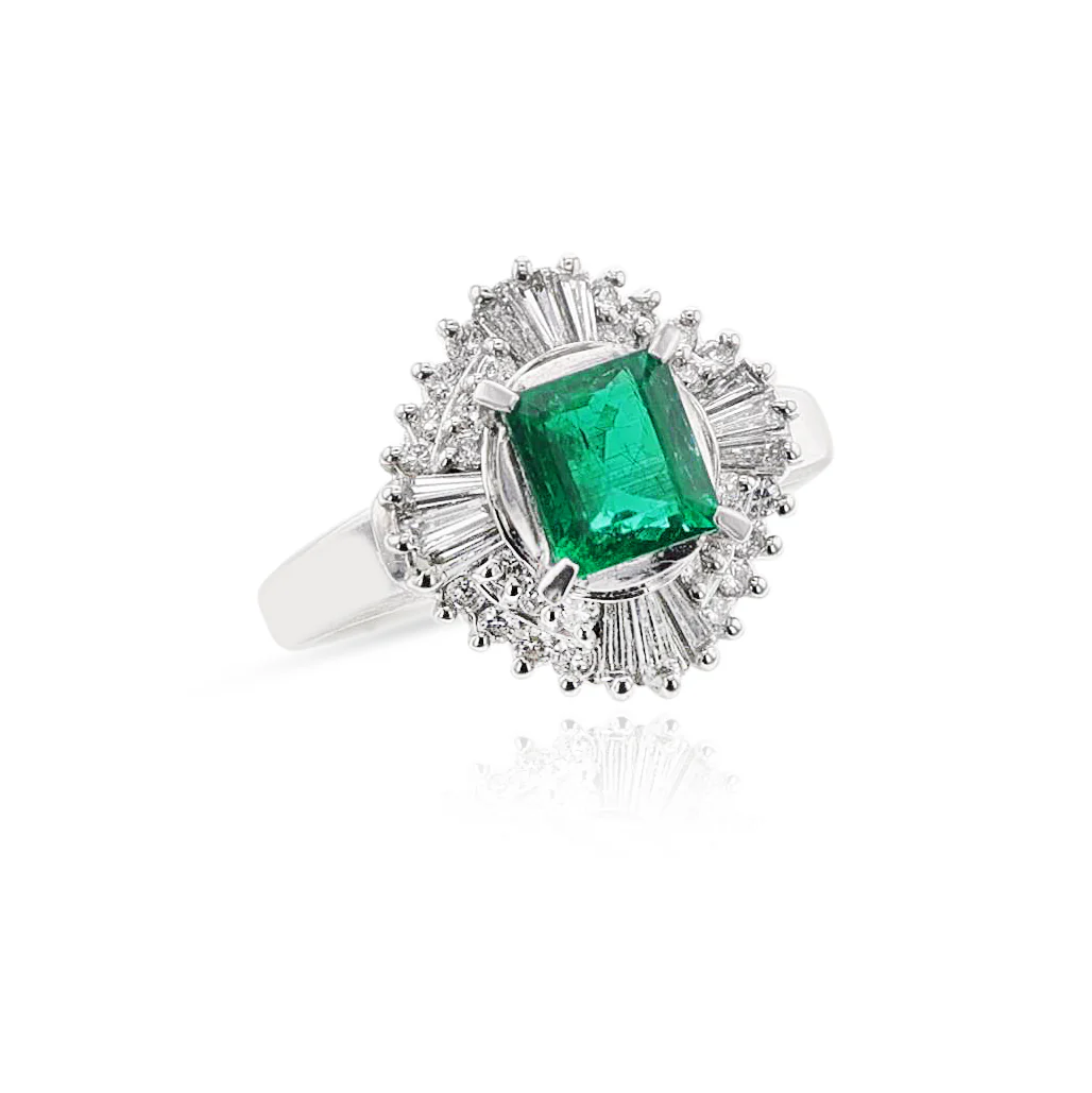 Natural Emerald Step-Cut Emerald Ring with 0.54 carats of Diamonds