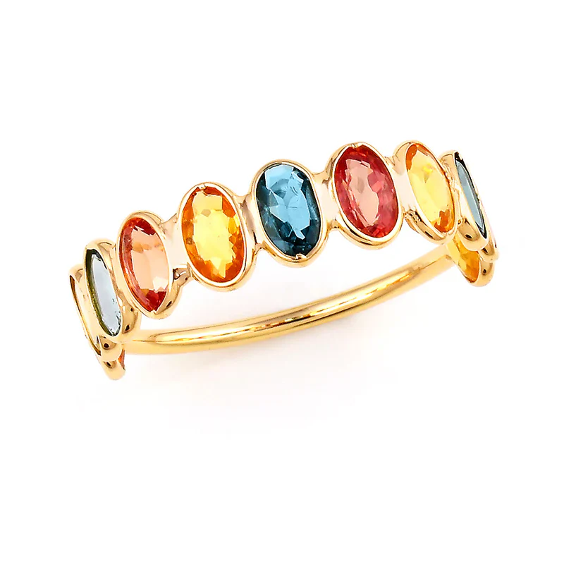 Seven Blue Sapphire Oval Shape Ring Band, 18k Yellow Gold
