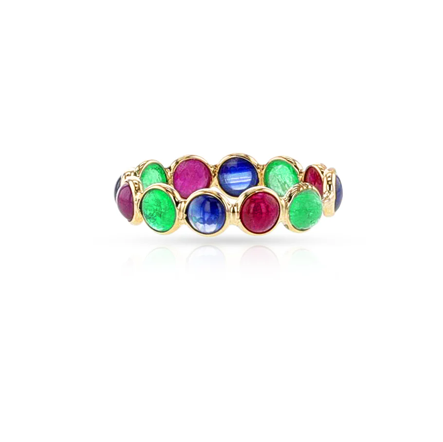 Ruby Emerald Sapphire Cabochon Band, 18K
