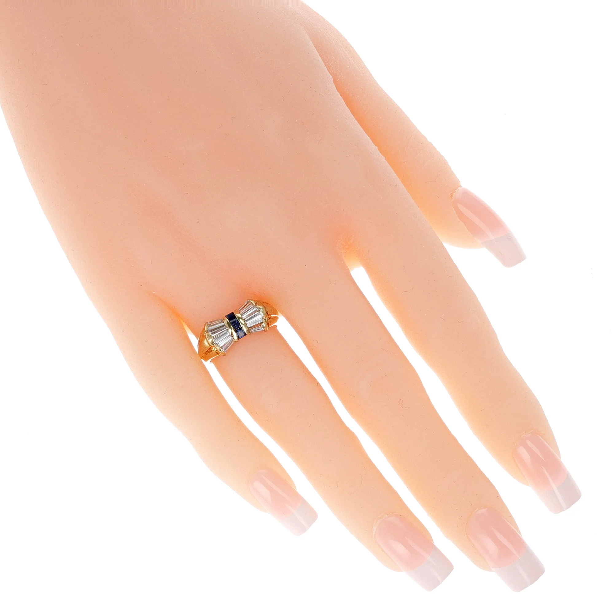 Diamond Baguettes and Square Cut Blue Sapphire Bow Ring, 18K