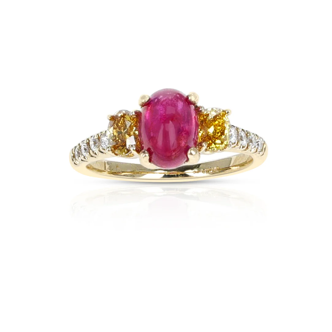 1.99 ct. Ruby Cabochon and 0.45 cts. Yellow Diamond Ring, 14K