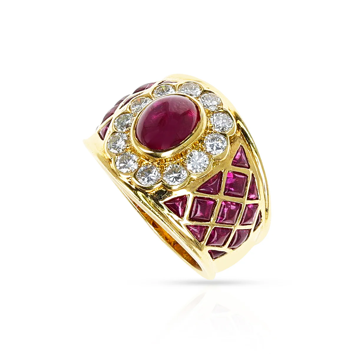 Ruby Cabochon Cocktail Ring with Rubies and Diamonds, 18k