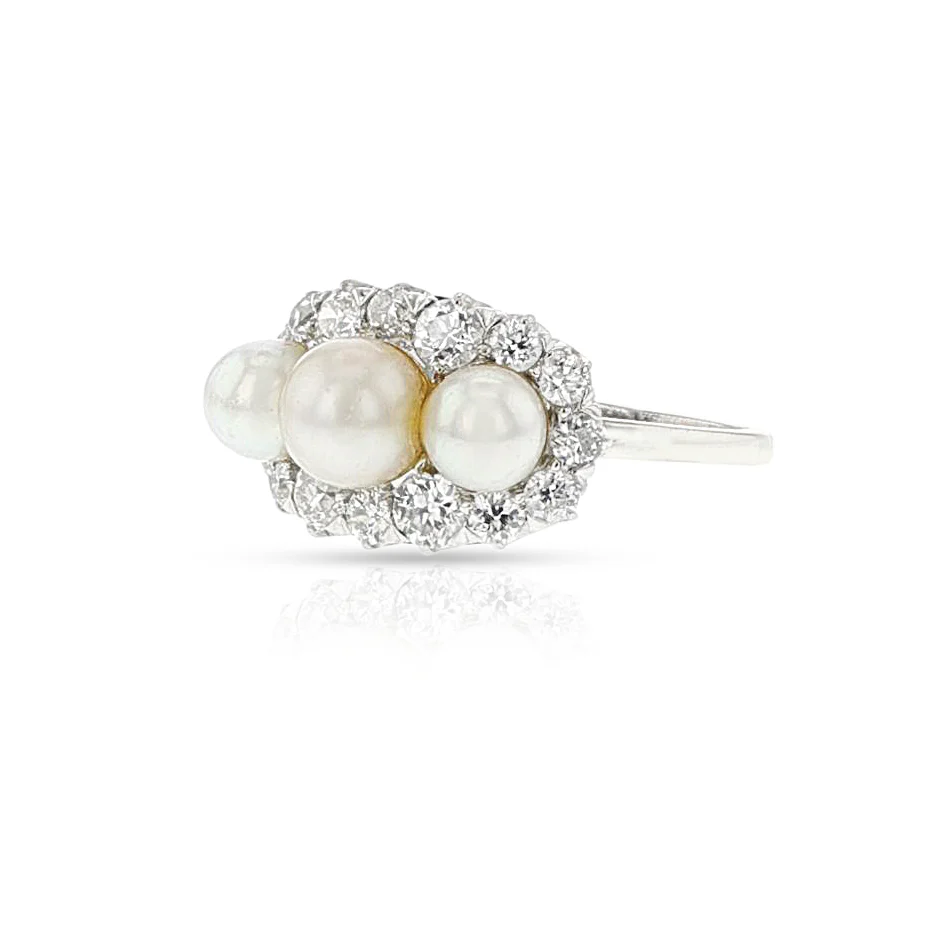 Tiffany & Co. Art Deco Akoya Pearl and European-Cut Diamond Ring, Platinum