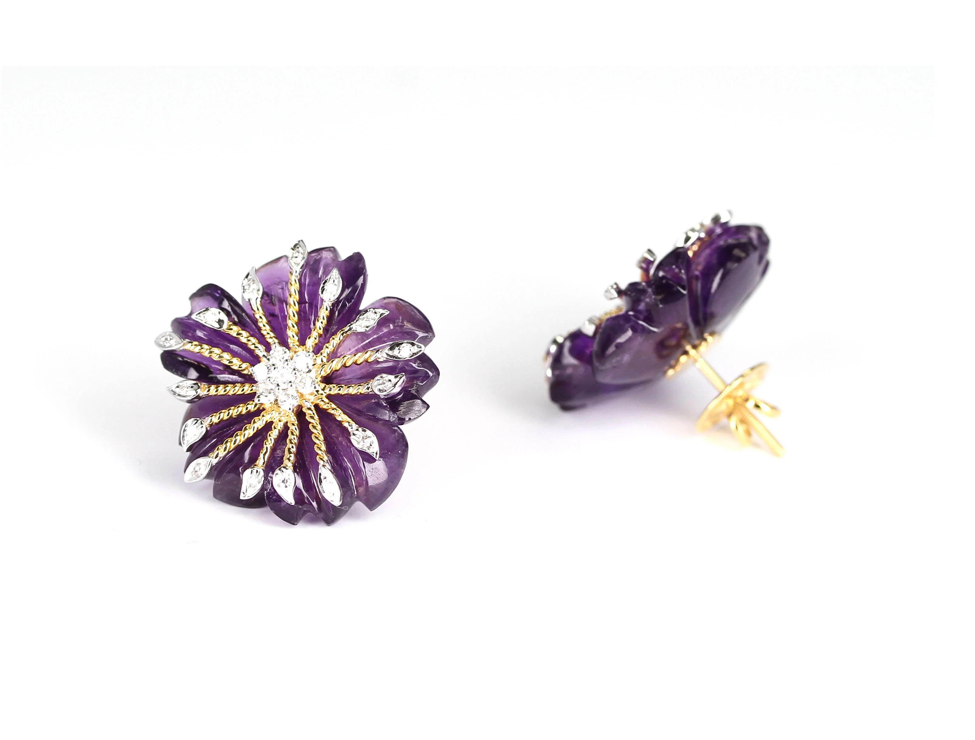 Carved Round Floral Amethyst Earrings with Diamonds