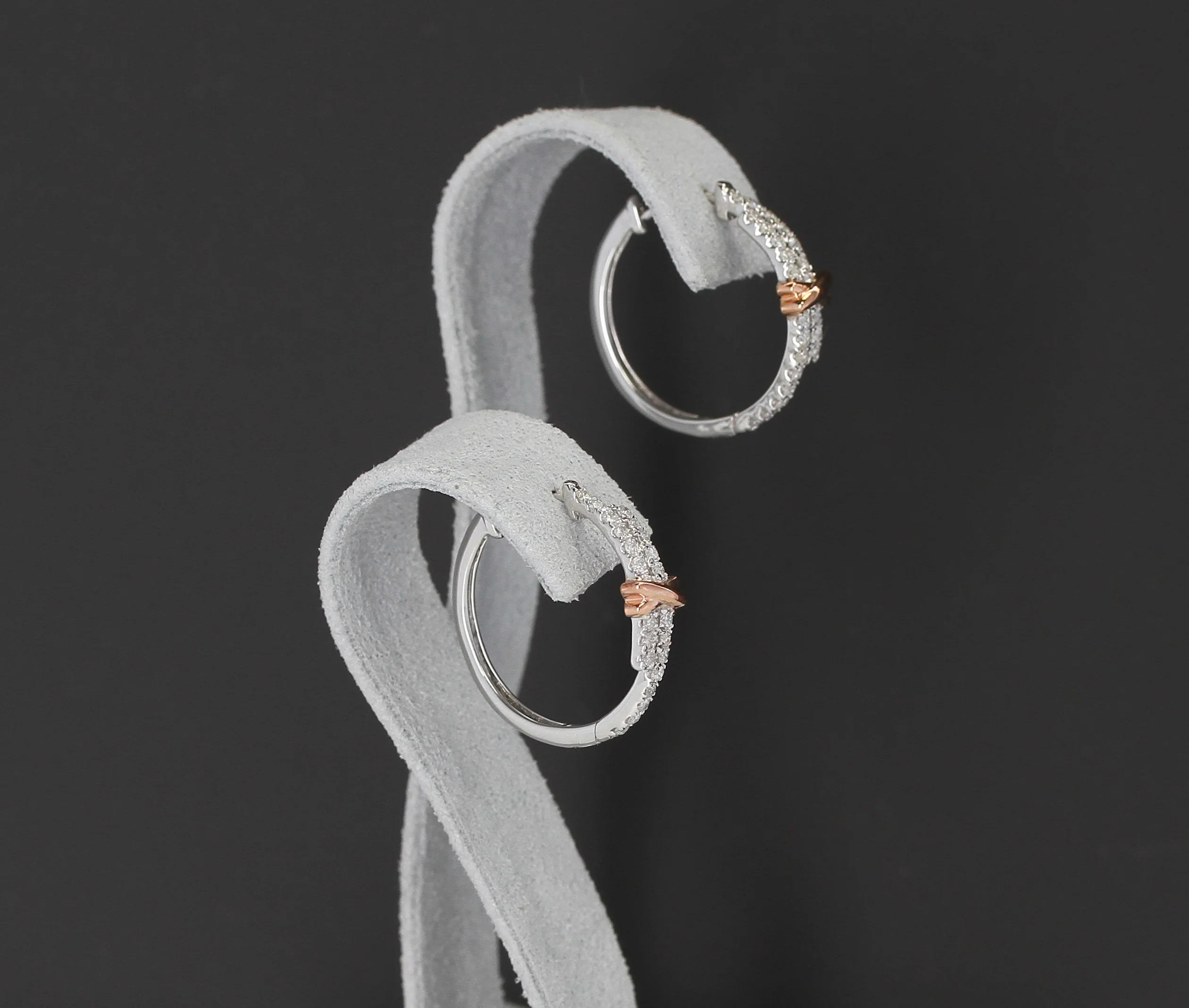 Large White Diamond Hoop Earrings with a Rose Gold Bow, 14K Gold