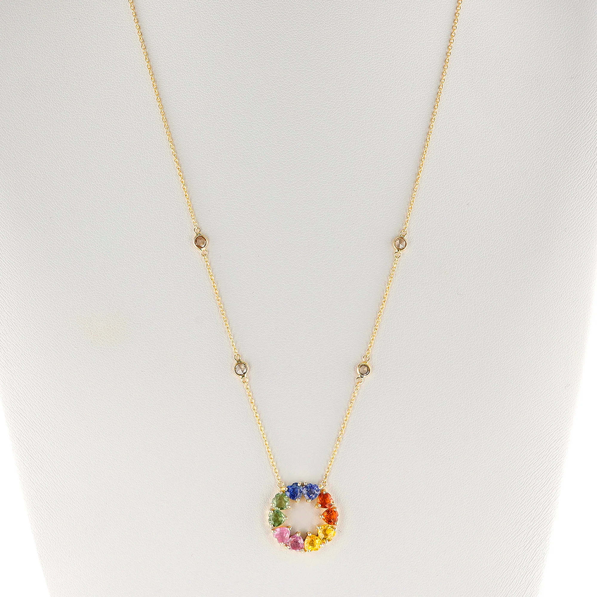 Multi-Sapphire Circle Pendant with Diamond Rose Cut, 14k