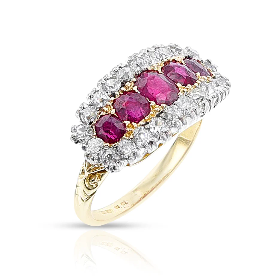 GIA Certified Burma No Heat Ruby and Diamond Victorian Ring, 18k and Platinum