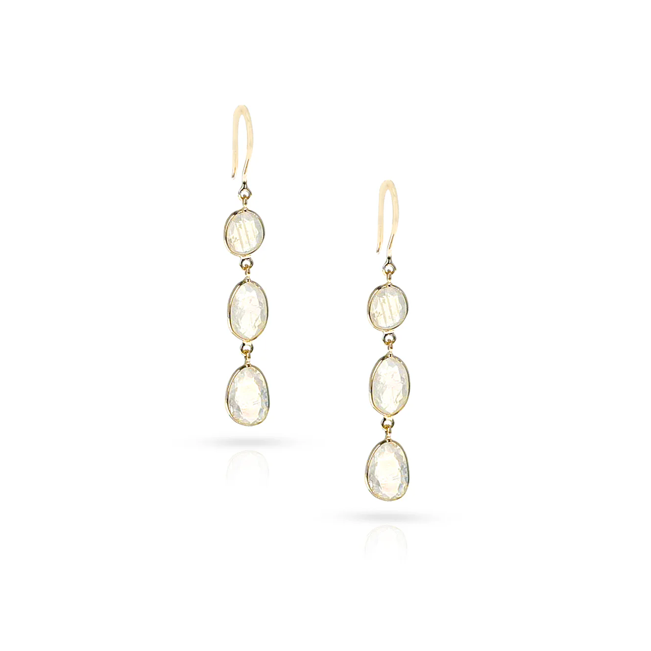 Three Rainbow Moonstone Dangling Earrings, 18K