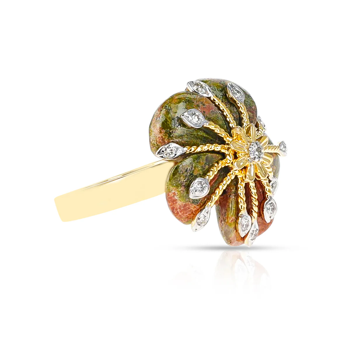 Unakite Carved Floral Ring with 14k Goldwork and Diamonds