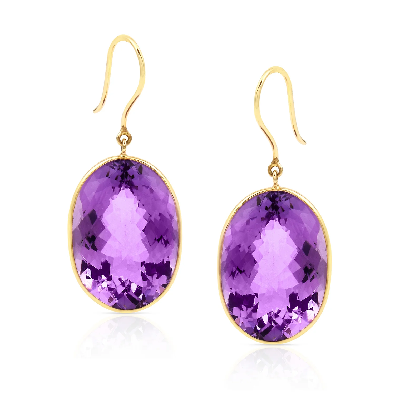 Amethyst Oval Shape Dangling Earrings, 18 Karat Yellow Gold
